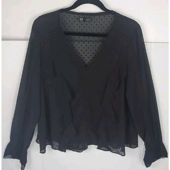Zara TRF  Black Dotted Ruffled Long Sleeve Boho Chic Sheer Blouse Top Size W M - Picture 1 of 7